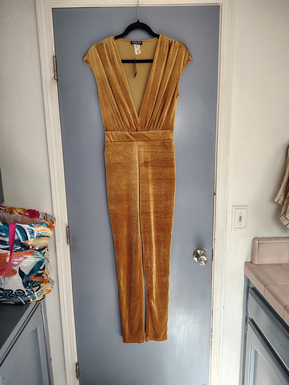 Fashion Nova Gold Velvet Deep V Jumpsuit